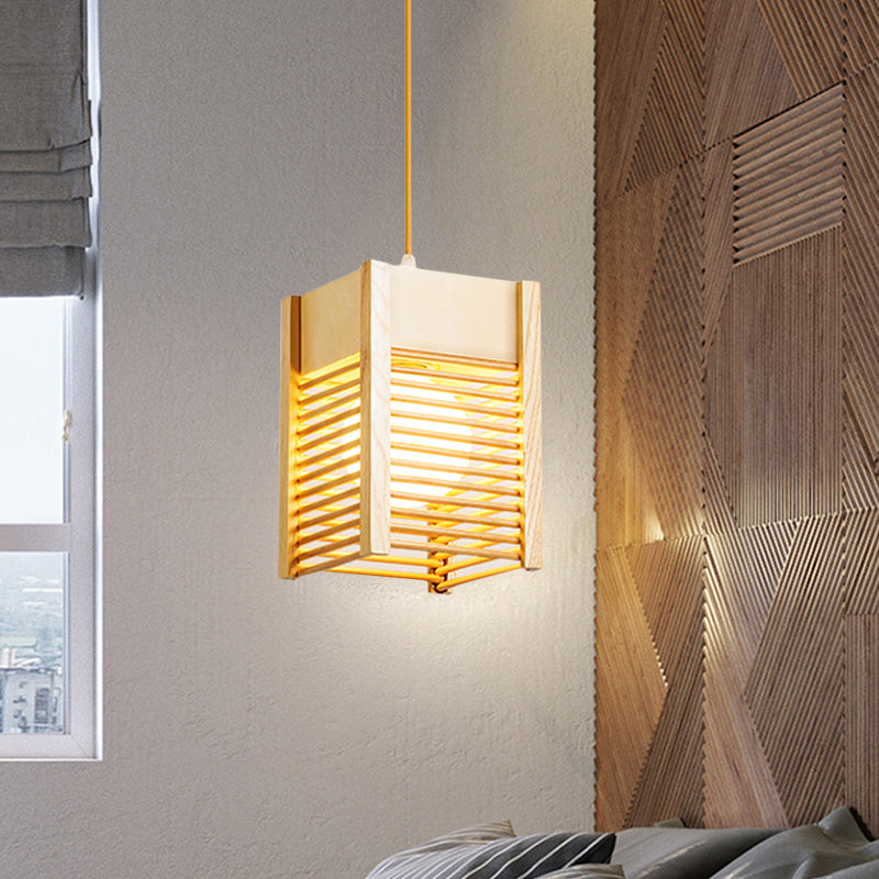 Sushi House Cage Suspension Light - Japanese Style Drop Pendant In Beige Wood