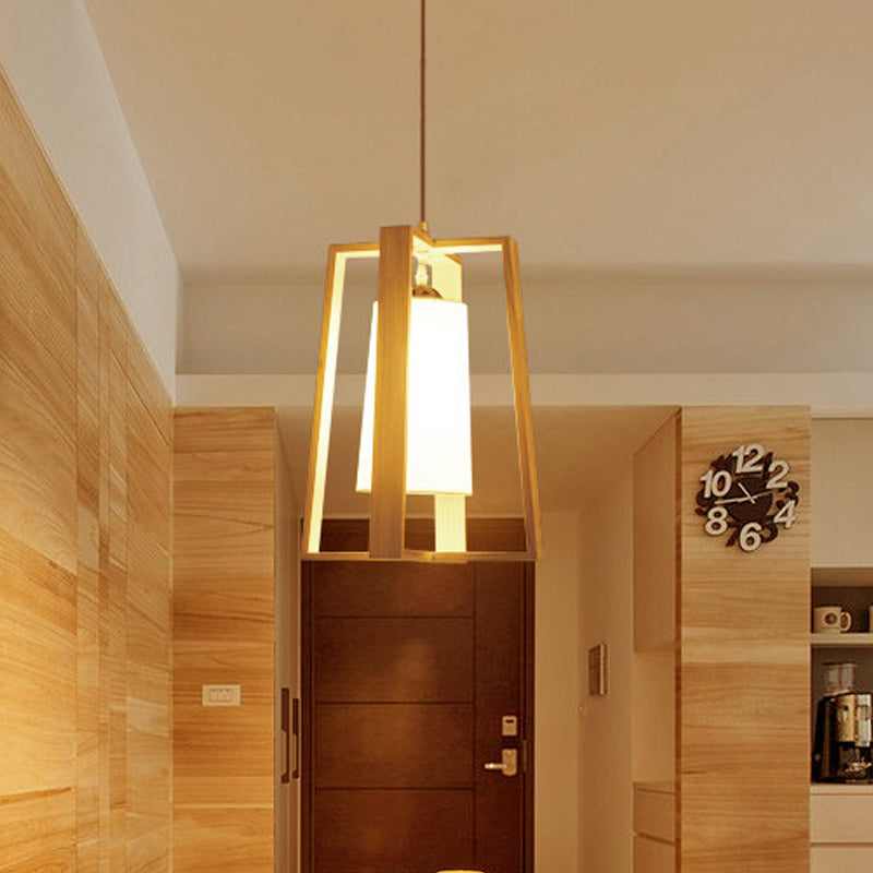 Modern Asian Wooden Pendant Light - 1-Light Cross Frame Design With Tapered Fabric Shade Ideal For