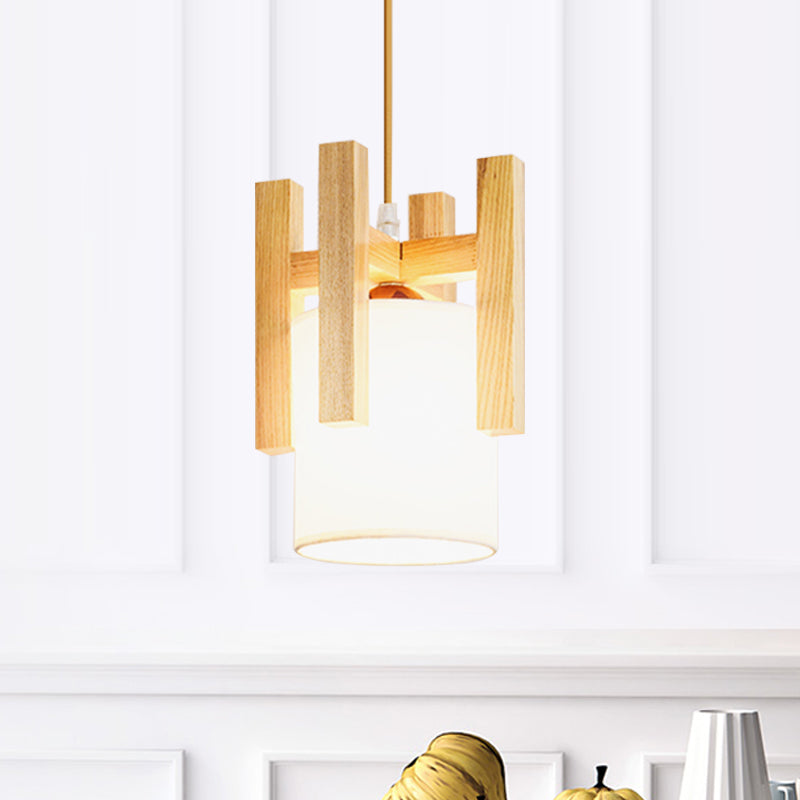 Japanese Style White Fabric Pendant Light With Wooden Cage Top - Small Hanging Suspension Wood