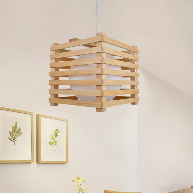 Japanese White Glass Pendant Light With Wood Cubic Cage - Ideal For Dining Room Hanging Lamp Kit