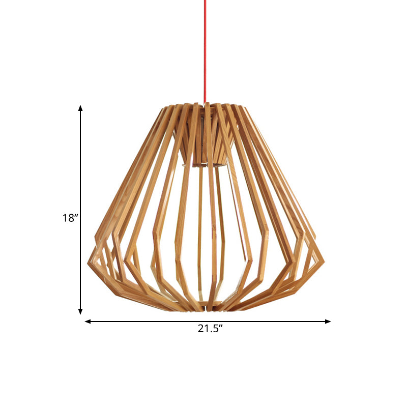 Wooden Diamond Cage Pendant Light - Single Head Fixture In Beige