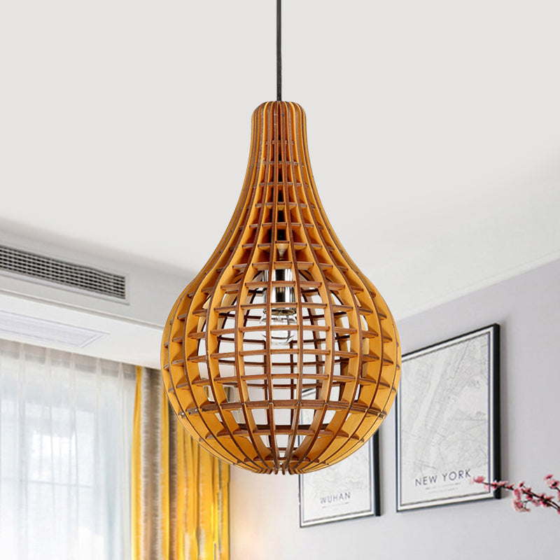 Minimalist Wooden Raindrop Pendant Lighting - 1-Light Brown Suspension Light With Grid Design