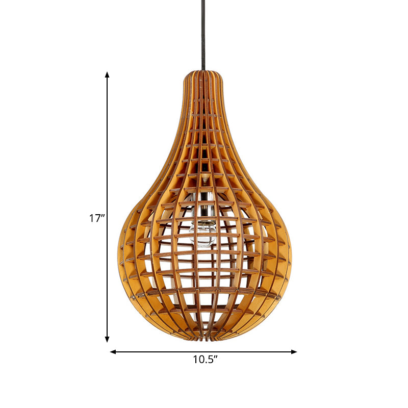 Minimalist Wooden Raindrop Pendant Lighting - 1-Light Brown Suspension Light With Grid Design