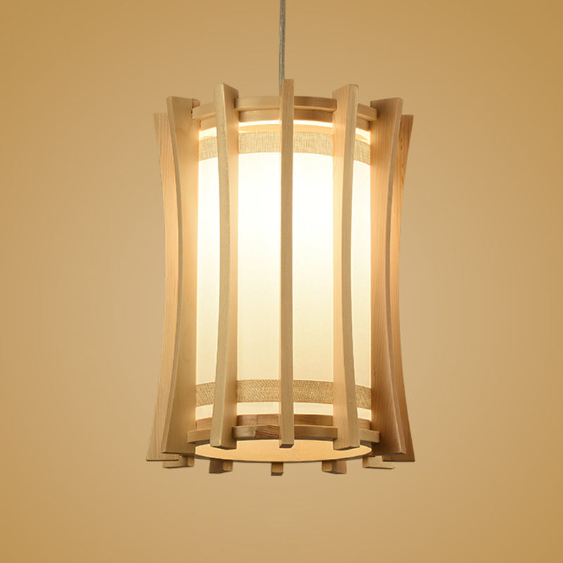 Asia Pvc Pendant Light Fixture: Cylindrical Ceiling Lamp With Wood Cage And Beige Finish