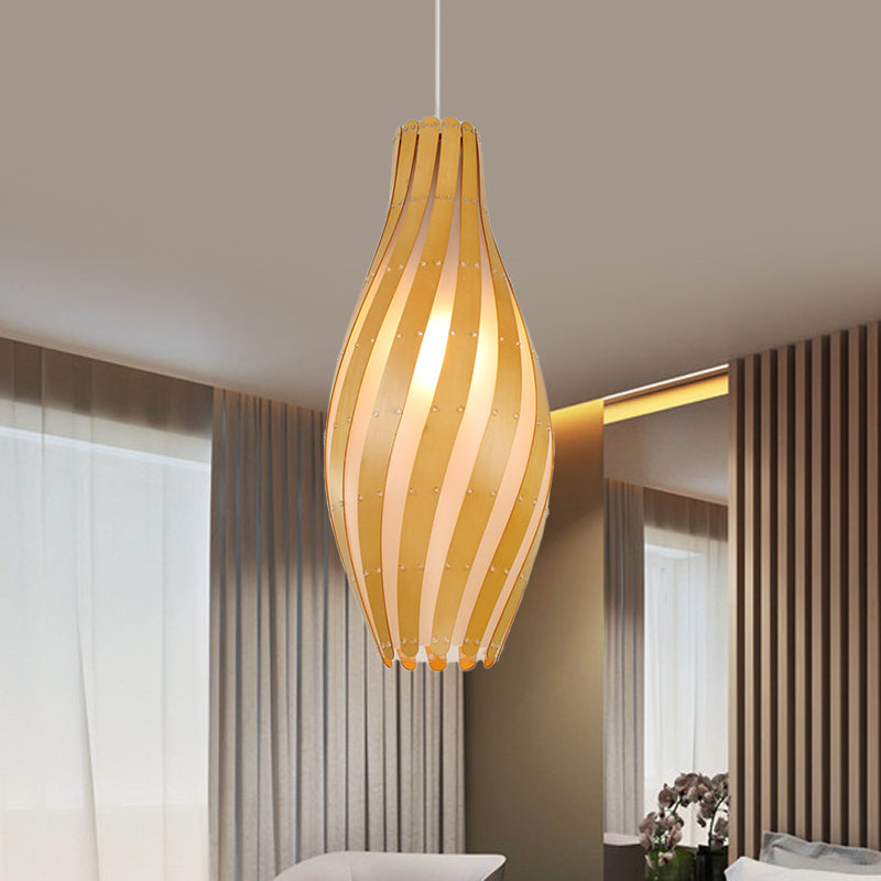 Modern Stylish Beige Twisty Vase Pendant Light With Wood Shade - 1-Light Hanging 6.5/10 Width