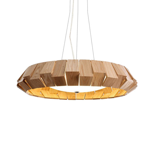 Curved-Edge Round Led Pendant Lighting - Asia Style Natural Wood Lounge Hanging Light With Milk