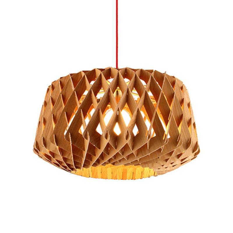 Stylish Asian Beige Wood Drum Drop Pendant Ceiling Light With Crisscross Pattern - 1 Head