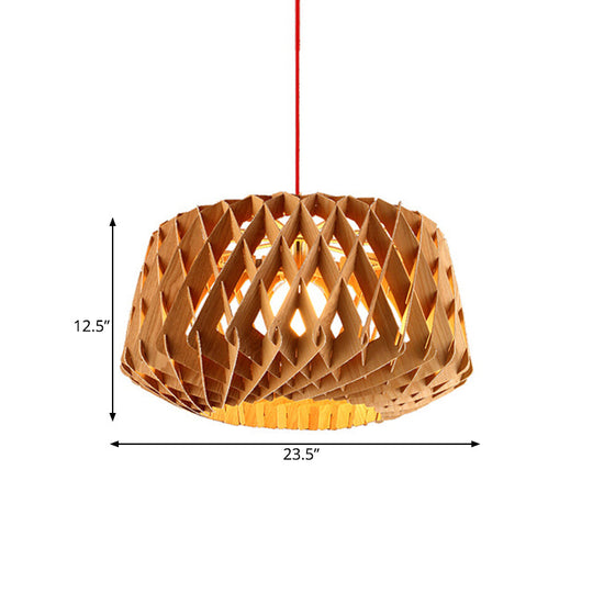 Stylish Asian Beige Wood Drum Drop Pendant Ceiling Light With Crisscross Pattern - 1 Head
