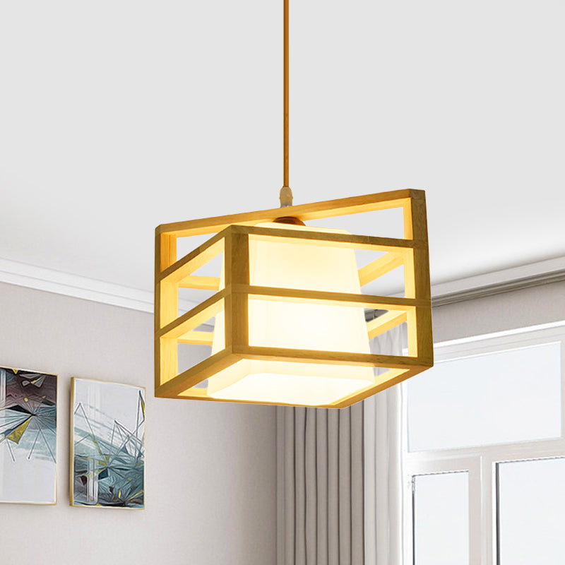 Rhombus Cage Pendant Asian Ceiling Light With Glass Lamp Shade - Kitchen Dinette Wood Hanging
