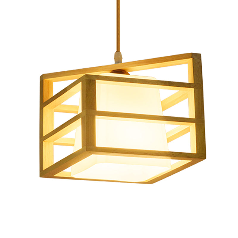 Rhombus Cage Pendant Asian Ceiling Light With Glass Lamp Shade - Kitchen Dinette Wood Hanging