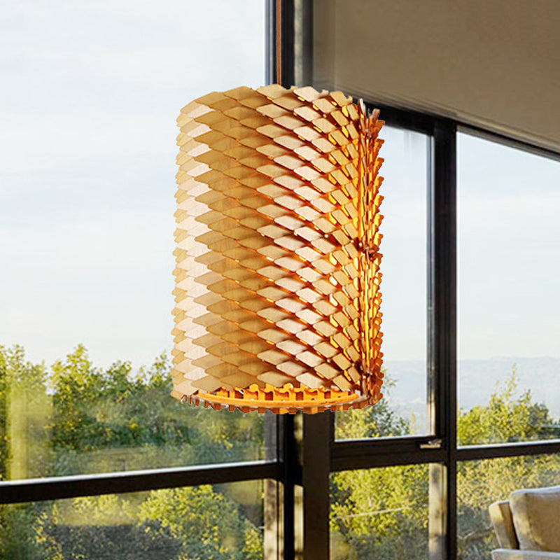 Modern Hand Crafted Wood Cylindrical Pendant Lamp With Squama Surface - 1 Light Beige