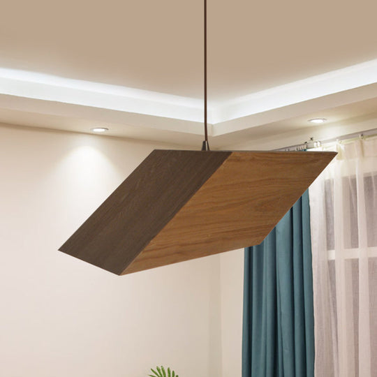 Modern Triangular Prism Wood Pendant - 1 Light Beige Hanging Light Kit