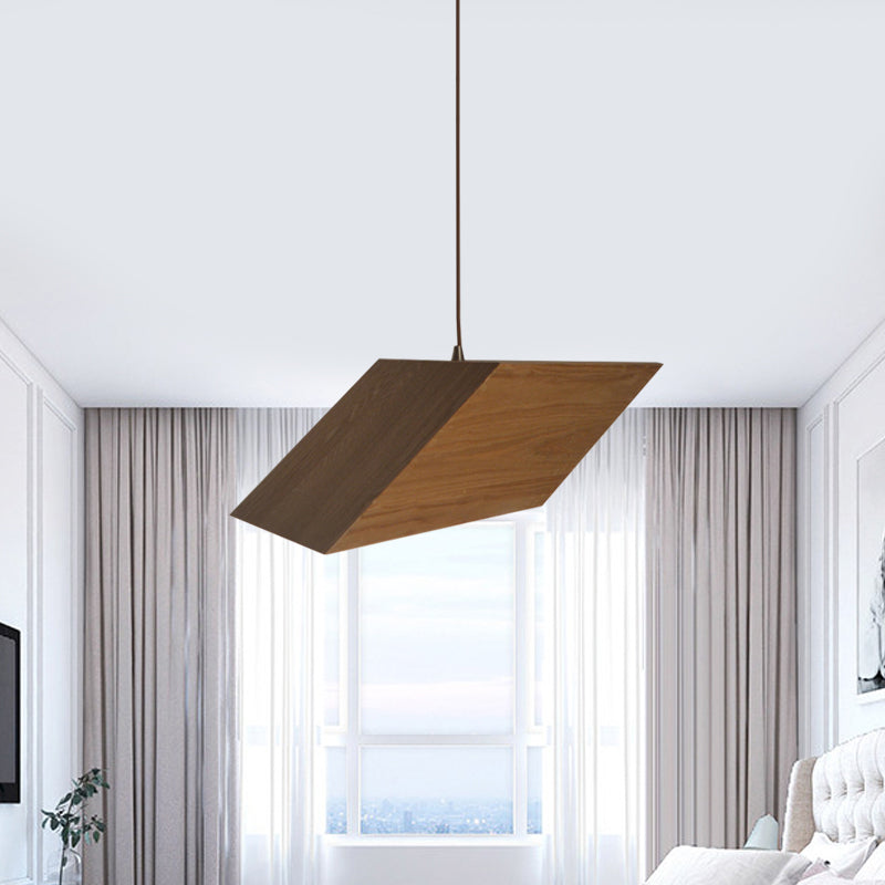 Modern Triangular Prism Wood Pendant Light Kit 1 Beige Hanging Fixture