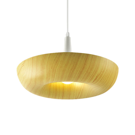 Beige Minimalist Donut Pendant Light With Wood Grain Texture: Stylish Aluminum Single Lamp For