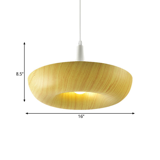 Beige Minimalist Donut Pendant Light With Wood Grain Texture: Stylish Aluminum Single Lamp For