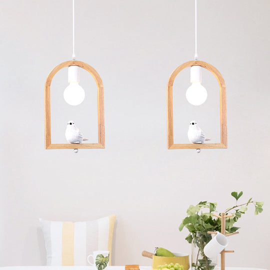 Nordic Style Resin Bird Pendant Ceiling Lamp In White With Wooden Arch Frame - 1 Light