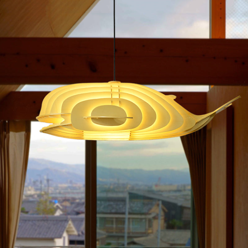 Japanese Style Whale Pendant Wood Hanging Lamp Kit In Beige For Sushi Restaurants