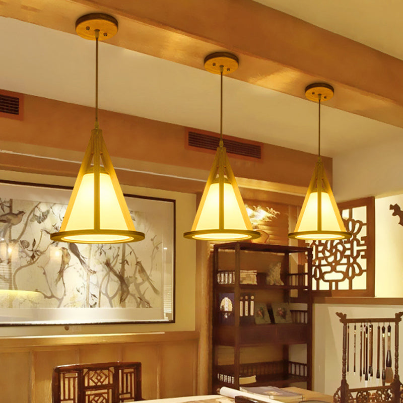 Japanese Wood Pendant Lamp - Horn Shaped Cage With Single Bulb And Beige Shade