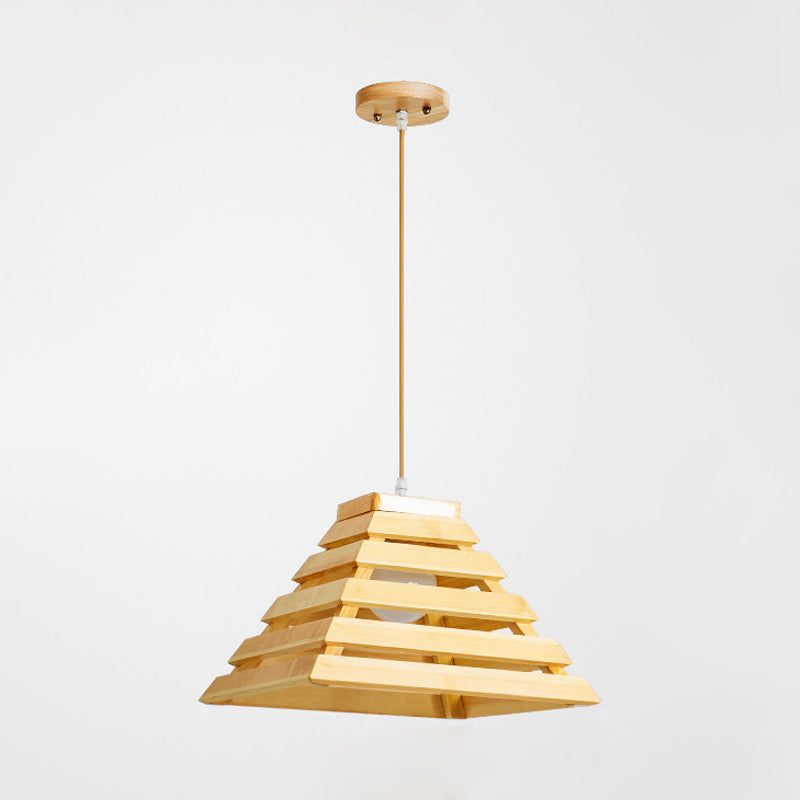 Wooden Pyramid Suspension Light With Cage Design - Asian Style Pendant Lighting For Dining Table