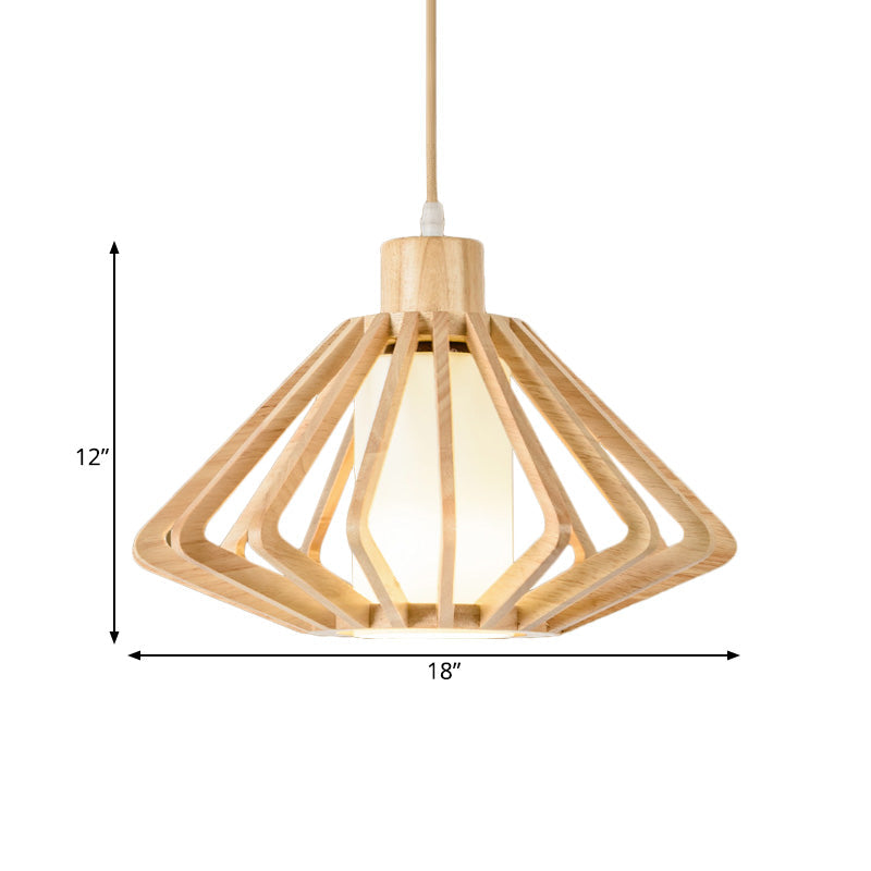 Diamond Cage Pendant Light Asian Wood 1 Head 14/18 Wide Beige Ceiling Lamp With Inner Pillar Shade