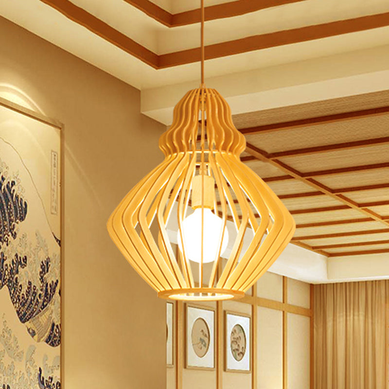 Asian Bellied Basswood Lantern: 1-Light Pendant For Restaurant Table Beige