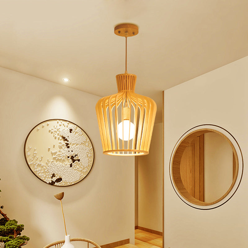 Japanese Beige Ceiling Pendant With Jug Wood Cage - 1-Light Dining Room Pendulum Light