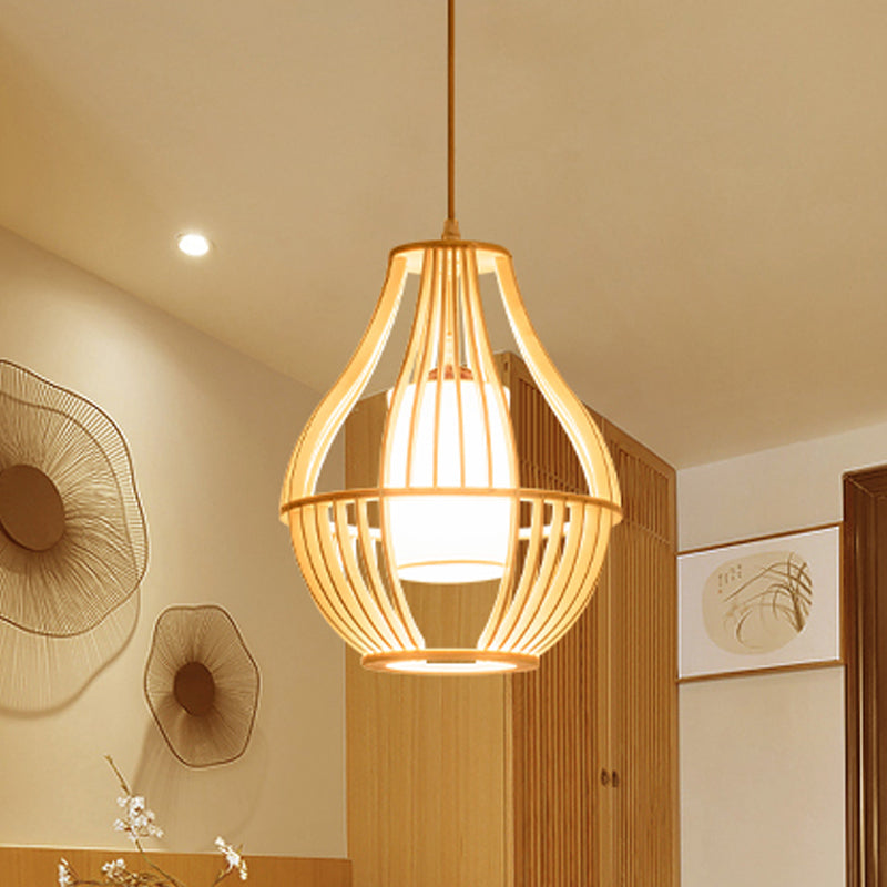 Farmhouse Wood Basket Pendant Light - Beige Ceiling Fixture With Fabric Lamp Shade