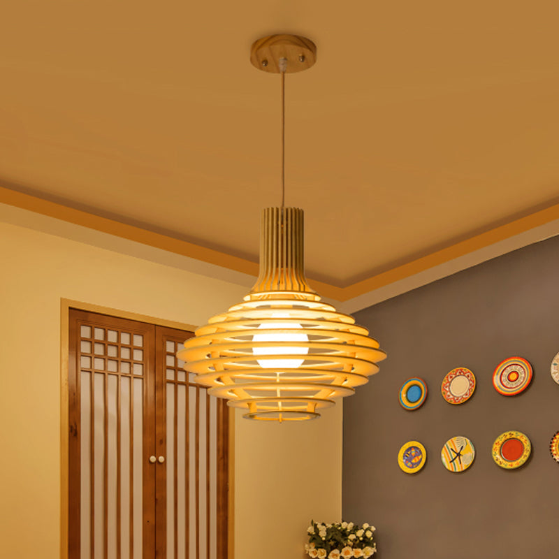 Black And Beige Wine Jar Pendulum Light Kit With Wood Cage - Asian Single Bulb Hanging Lamp