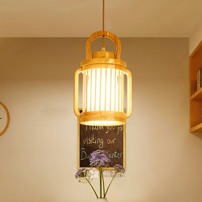 Japanese Style Single Bulb Pendant Light With Wood Cage And Fabric Shade