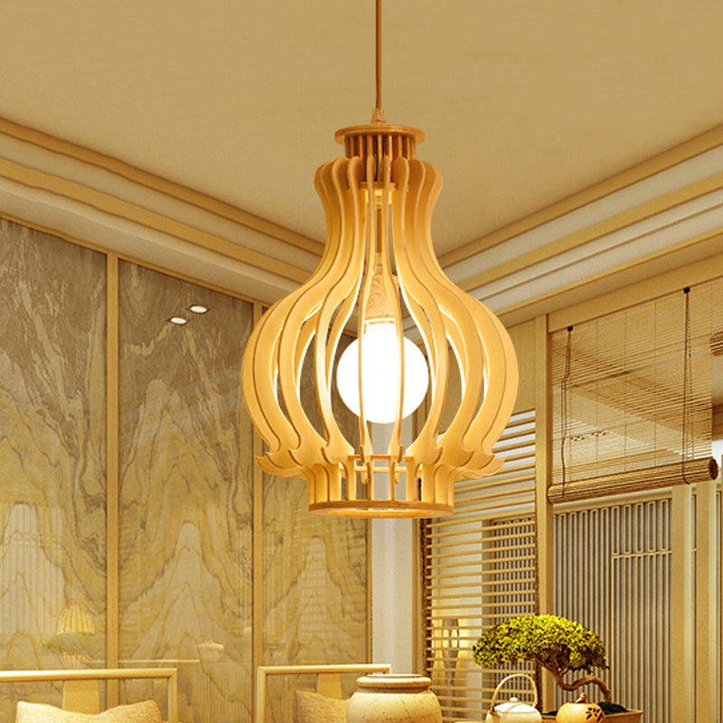 Asian Inspired Beige Hanging Gourd Lamp For Dining Table - Single Pendant With Basswood Cage
