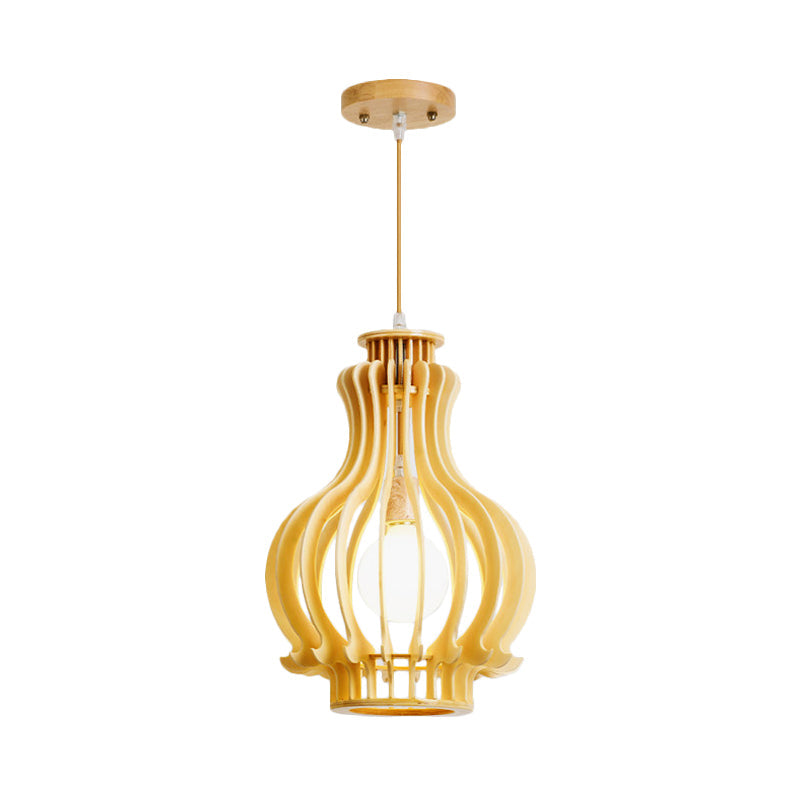 Asian Inspired Beige Hanging Gourd Lamp For Dining Table - Single Pendant With Basswood Cage