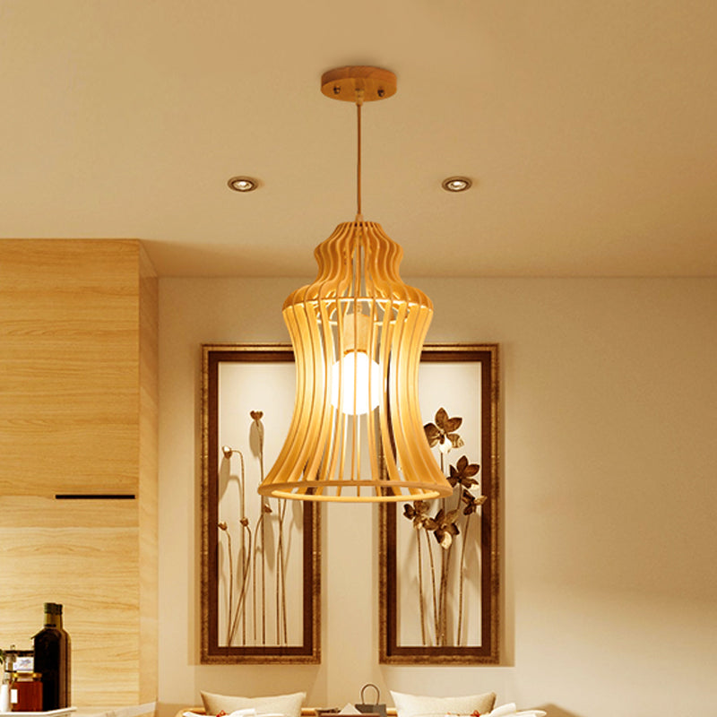 Cage Restaurant Hanging Light: Curvaceous Wooden Japanese Pendant With Inner Fabric Shade Beige