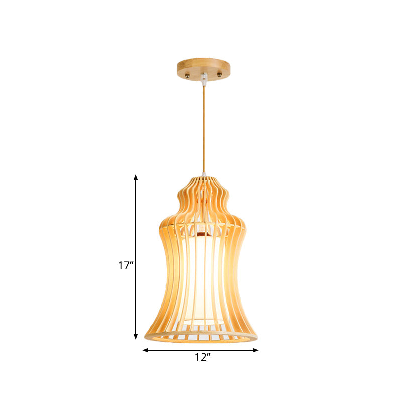 Cage Restaurant Hanging Light: Curvaceous Wooden Japanese Pendant With Inner Fabric Shade