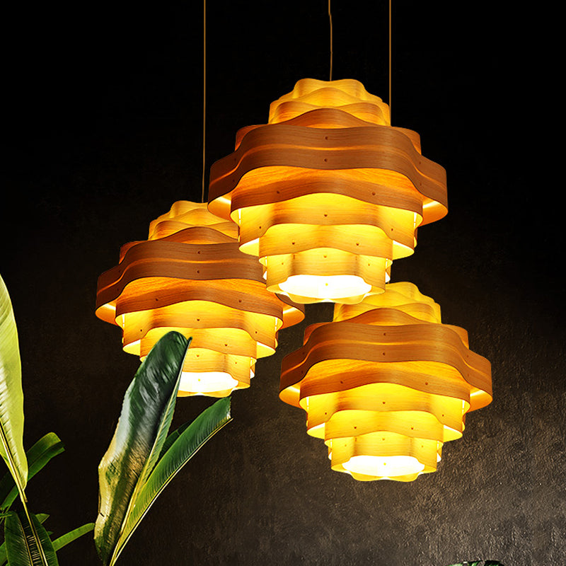 Wood Pendant Lighting - Wavy Layered Design Asian Inspired Beige 1 Bulb Suspended Fixture