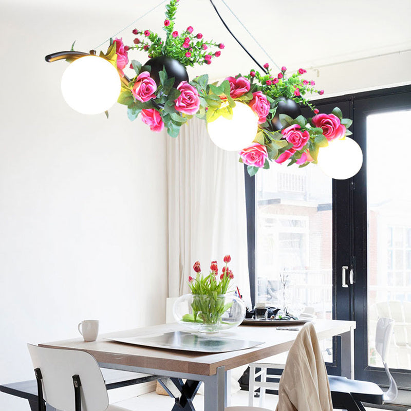 Industrial Opal Glass Pendant Light With 3 Black Flower Heads For Dining Room Island