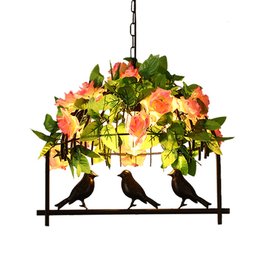 Iron Industrial Birdcage Island Pendant With Down Lighting And Rose Decoration - Black Finish