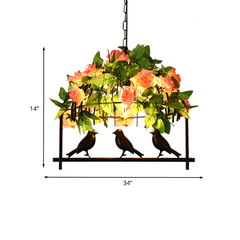 Iron Industrial Birdcage Island Pendant With Down Lighting And Rose Decoration - Black Finish