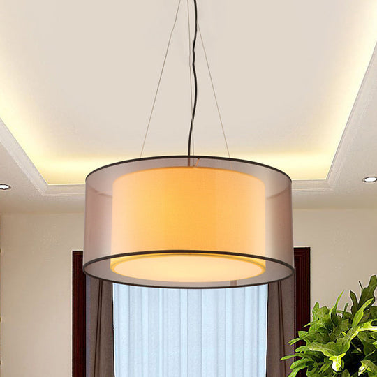 Modern 2-Layer Chandelier: Rectangle/Round Design, 3 Bulbs - Flaxen Fabric - Dining Room Ceiling Lamp