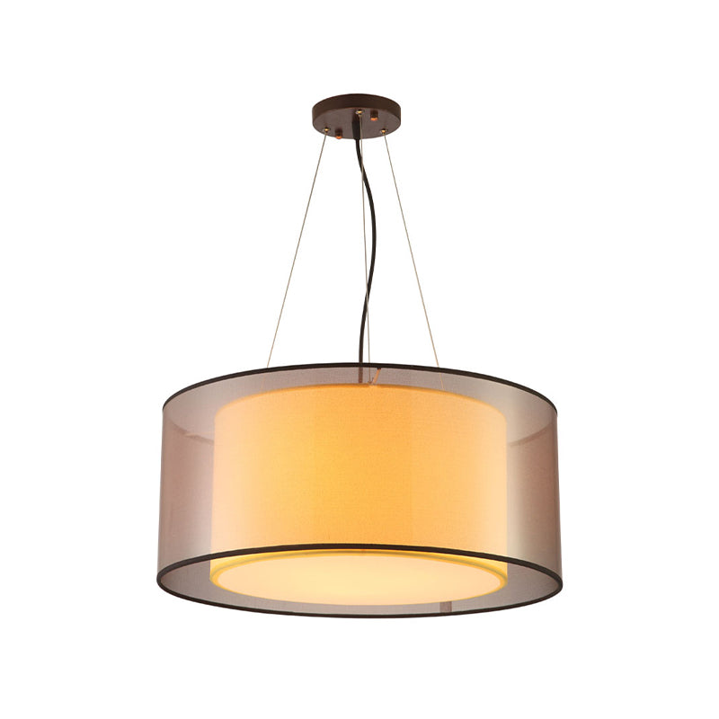 Modern 2-Layer Chandelier: Rectangle/Round Design, 3 Bulbs - Flaxen Fabric - Dining Room Ceiling Lamp