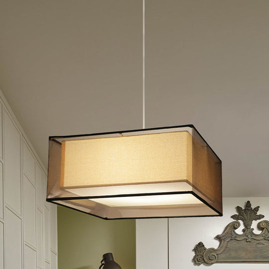 Modern 2-Layer Chandelier: Rectangle/Round Design Flaxen Fabric 3 Bulbs - Perfectly Illuminates Your