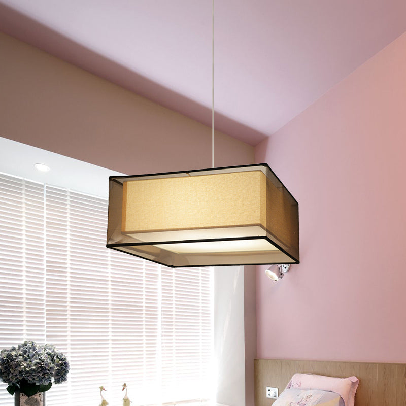 Modern 2-Layer Chandelier: Rectangle/Round Design, 3 Bulbs - Flaxen Fabric - Dining Room Ceiling Lamp