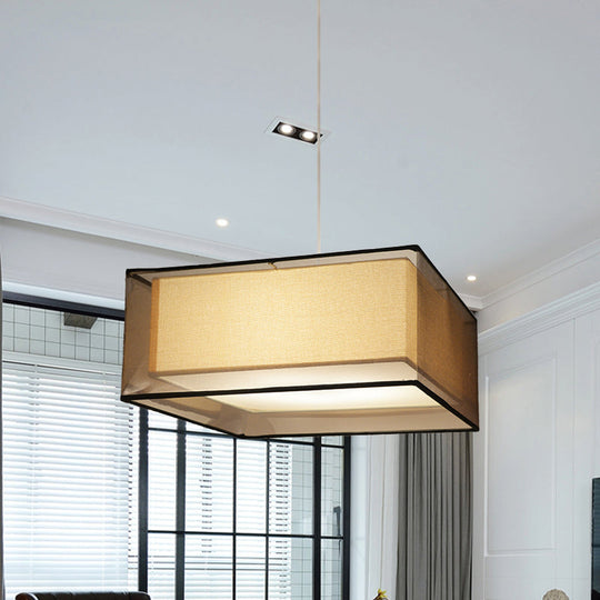 Modern 2-Layer Chandelier: Rectangle/Round Design Flaxen Fabric 3 Bulbs - Perfectly Illuminates Your