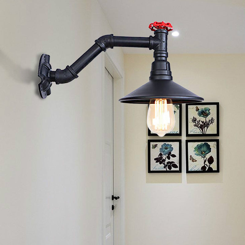 Vintage Industrial Black Metal Wall Lamp Sconce - 1 Head Pipe Light Cone Shade & Valve