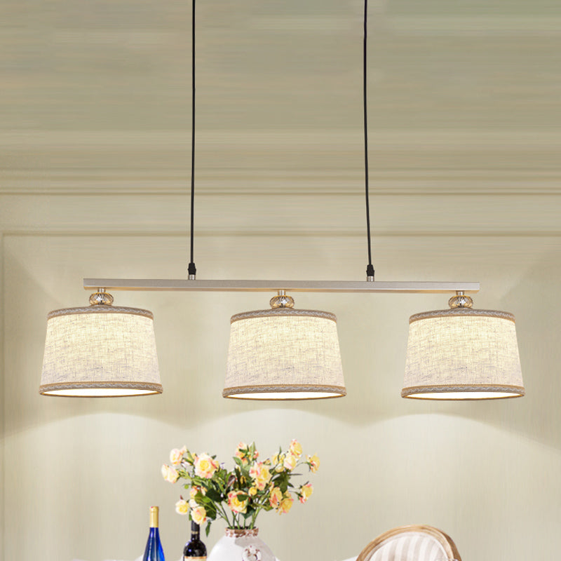 Modern Circular Pendant Light With Flaxen Fabric And 3 Bulbs For Open Kitchen Island Lighting