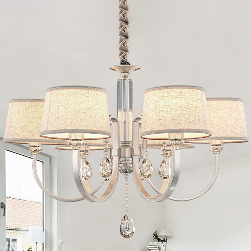 Modern Nickel Chandelier With Swoop Arms Flaxen Fabric Shade And Crystals - 3/6 Lights 6 /