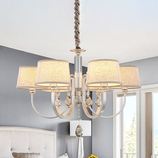Modern Nickel Chandelier With Swoop Arms Flaxen Fabric Shade And Crystals - 3/6 Lights