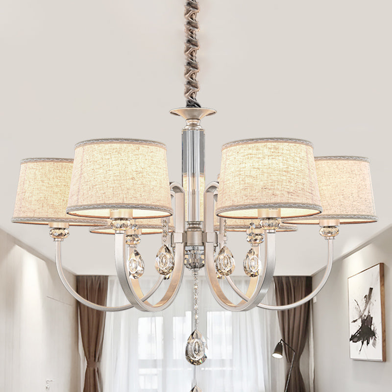 Modern Nickel Chandelier With Swoop Arms Flaxen Fabric Shade And Crystals - 3/6 Lights