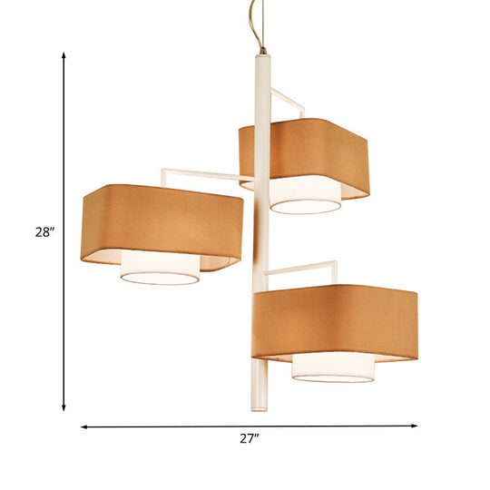 Contemporary 3-Tier Dual Shade Chandelier - Brown Fabric 3-Light Hanging Light Fixture For Dining