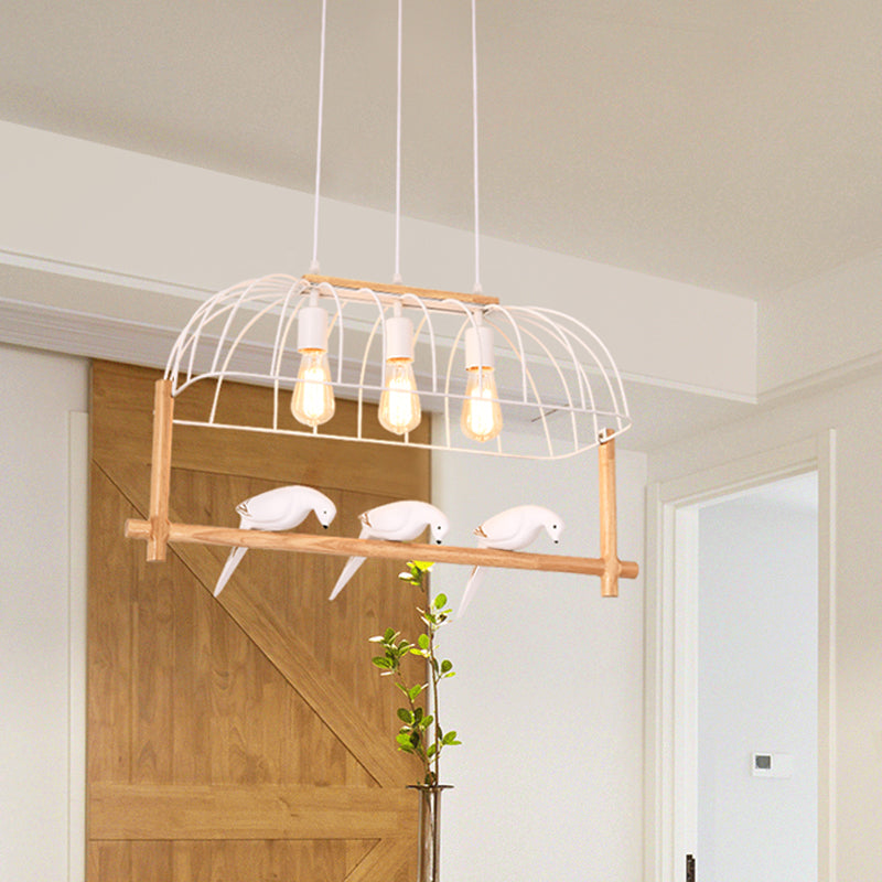 Nordic Style 3-Light Island Pendant With Elongated White Iron Cage And Bird Stand