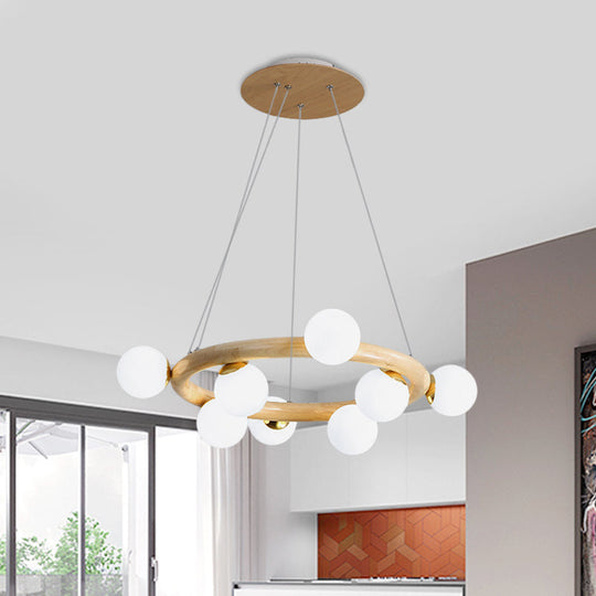 Nordic Opal Matte Glass Chandelier: 8-Bulb Beige Ceiling Pendant Light With Wooden Circle Arm Wood